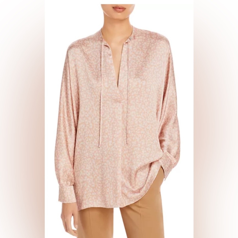 Vince Feathered Petal Tie Neck Silk Top. NEW